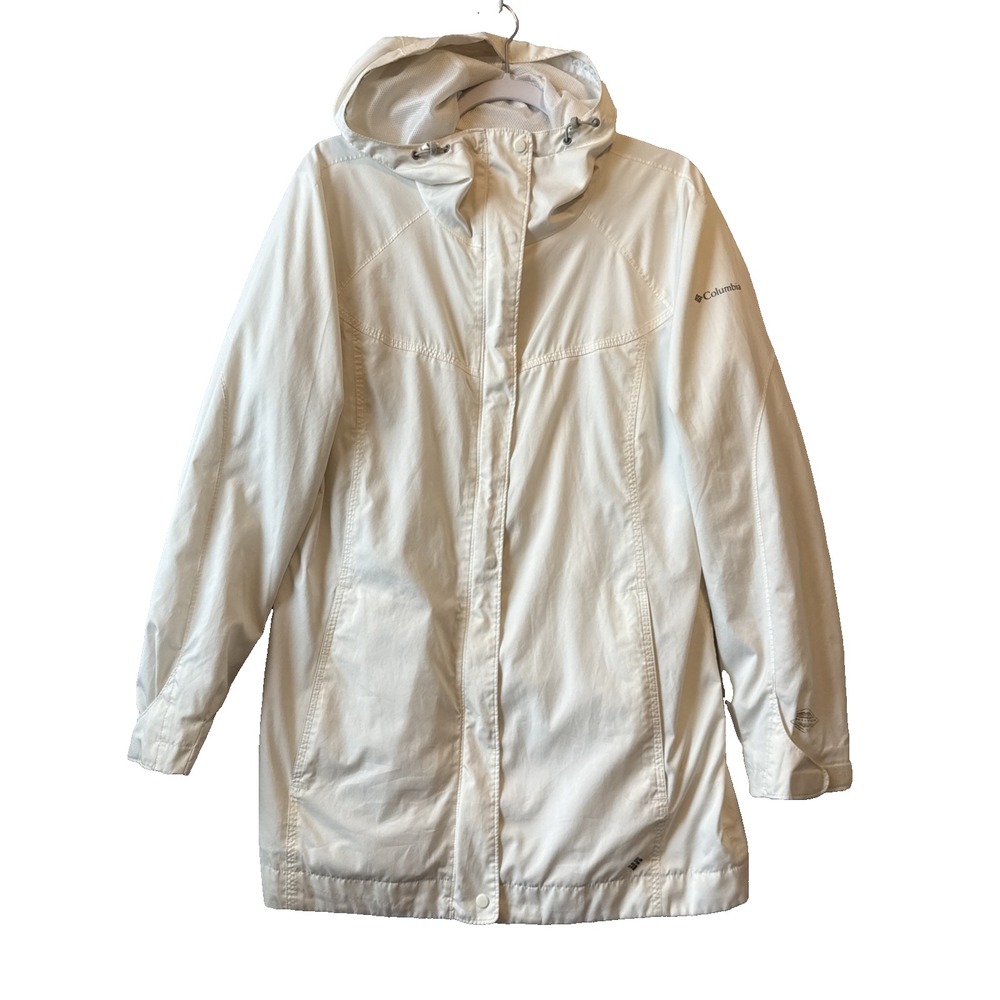 Columbia Omni Tech Womens Rain Jacket Waterproof Hooded White Cream Parka Coat L